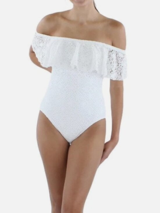NWT! Ralph Lauren White Lace Crochet Off Shoulder One Piece Swimsuit NEW! - Picture 2 of 5